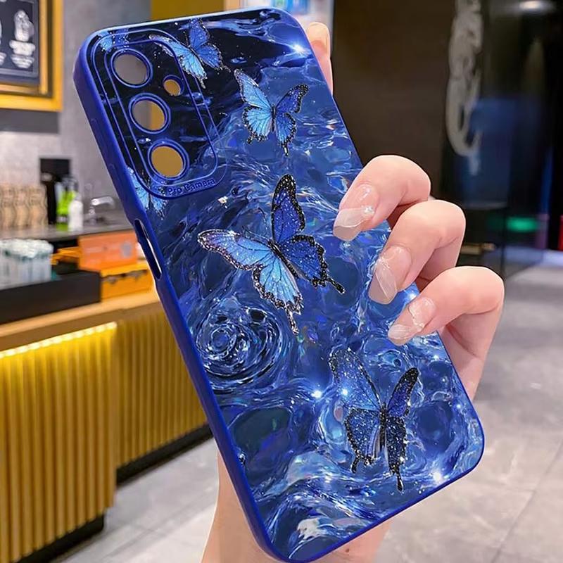 Shiny Blue Butterfly Printed Silicone Phone Case For Samsung Galaxy S26 Ultra S25 S24 S23 S22 Plus S20 S21 FE A16 A35 A55 Cover
