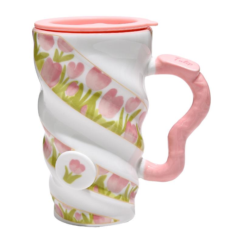 Small Fresh Ceramic Casual Cup with Lid Large Capacity and High Appearance Girls' Mug Cold Drink High Cup Milk Tea Cup