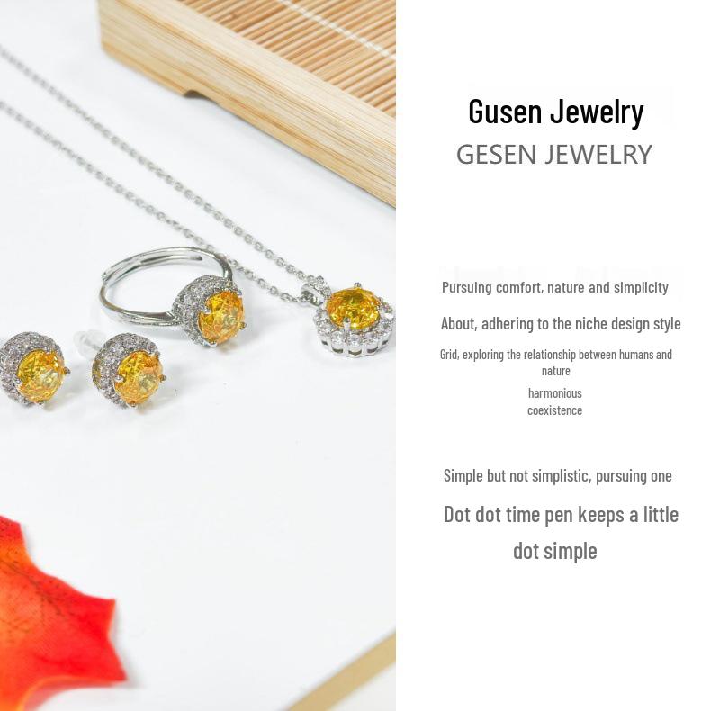 Gusen Exquisite High-Carbon Diamond & Yellow Zircon Ring and Earring Set