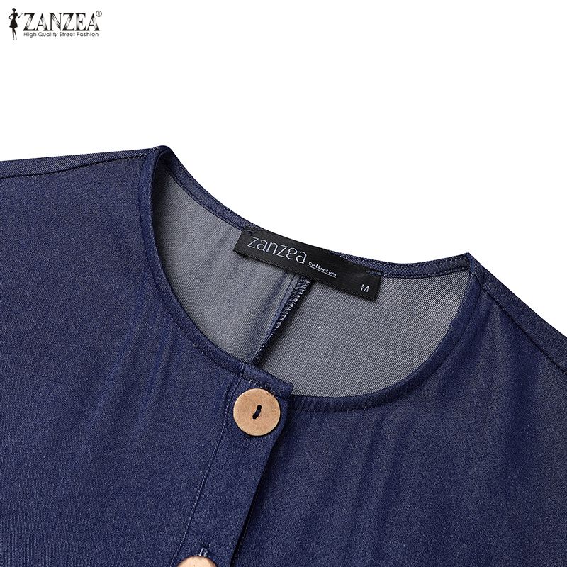 ZANZEA Vestido largo suelto informal de manga larga con cuello redondo para mujer