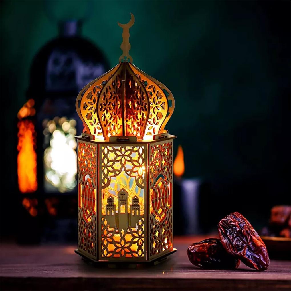 Ramadan Wooden Hollow Lantern Lights Decor For Eid Celebration Not Easy To Break And Durable. Home