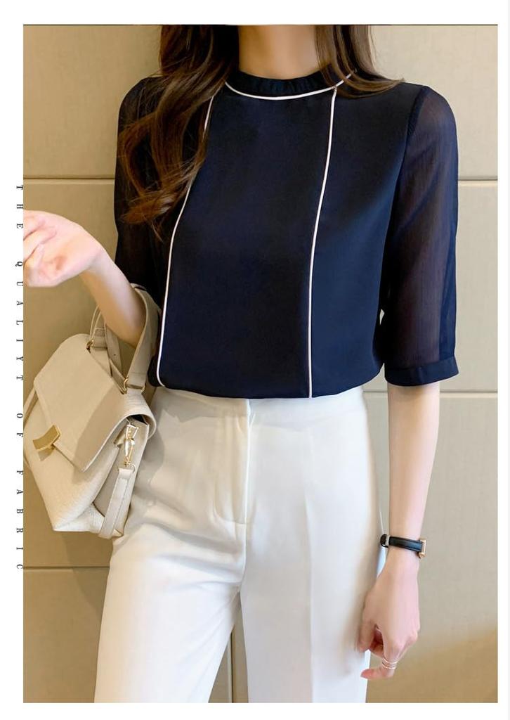 Fairy Stone Short Sleeve Sheer Crew Neck Size Women's Blouse/Shirt, B-70 (Navy)