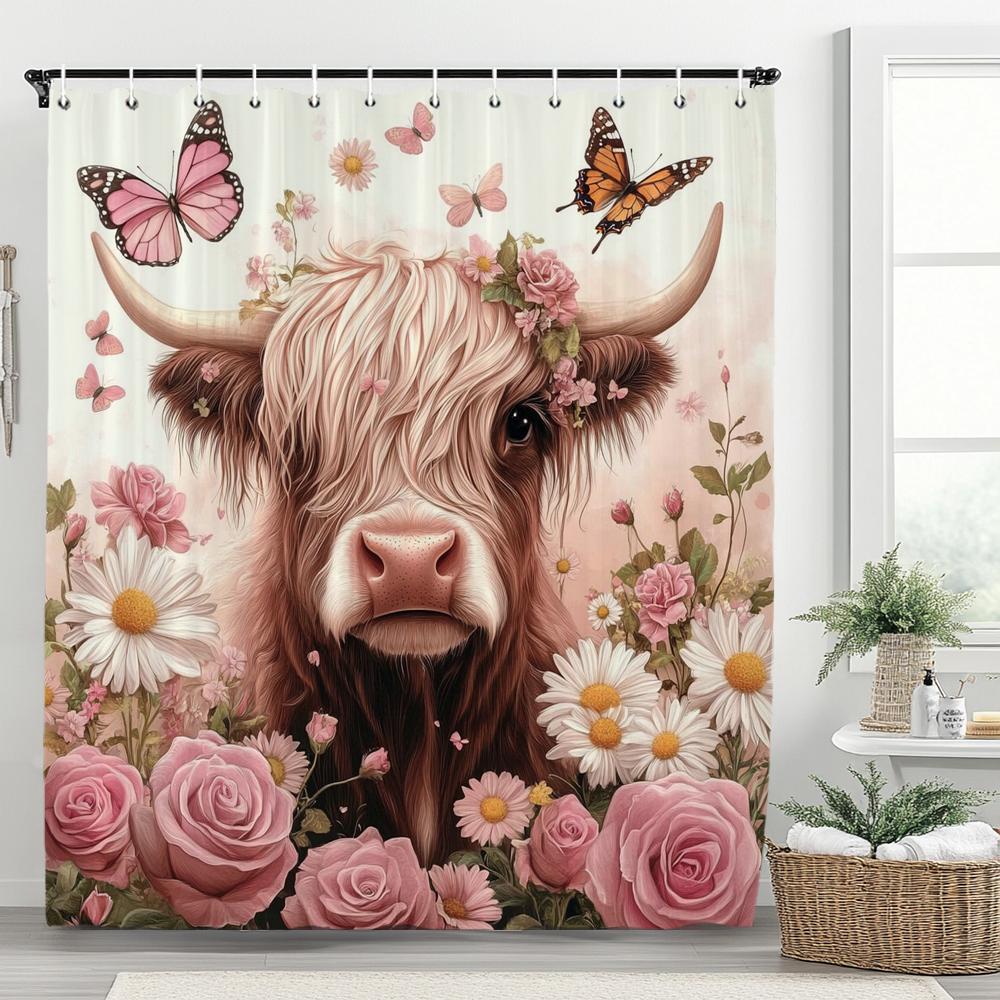 

Cute Highland Cow Shower Curtain For Bathroom, Farmhouse Rustic Cow Animal Flowers And Plants Shower Curtains Decor Set W60H190(CM)-1 Pcs