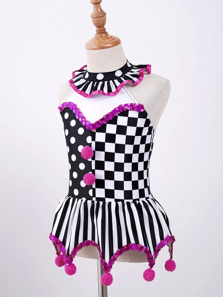 Girls Circus Clown Costume Halter Neck Sleeveless Plaid Polka Dots Stripes Print Sequins Pompoms Dress