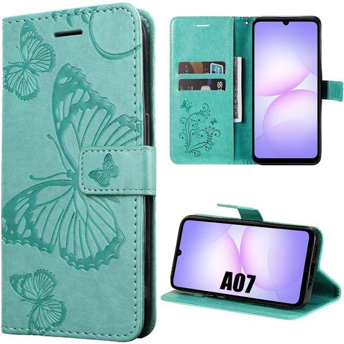 Coque de Protection - BOOLING - pour Samsung Galaxy A07 - Antichoc en Simili Cuir Motif Papillon Vert