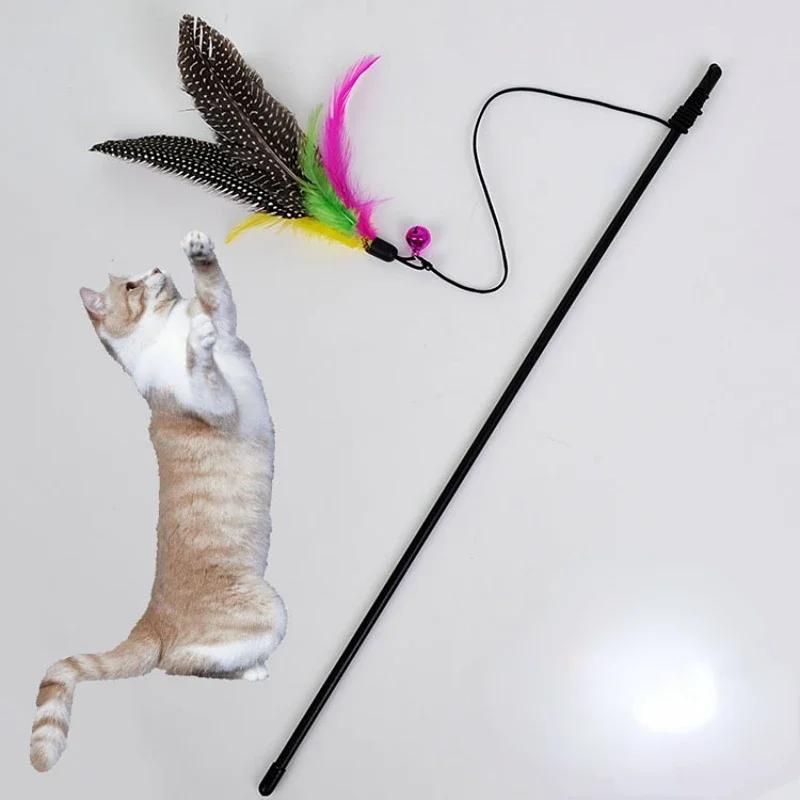 Funny Kitten Cat Teaser Interactive Toy Rod with Bell and Feather Toys for Cats Teaser Interactive Toy Rod Pet Cats Toys Stick