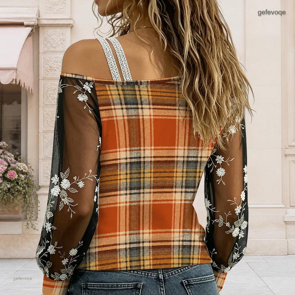Women Plus Size Asymmetric Cold Shoulder Long Sleeve T Shirt Geometric Printed Sheer Floral Embroidery Top