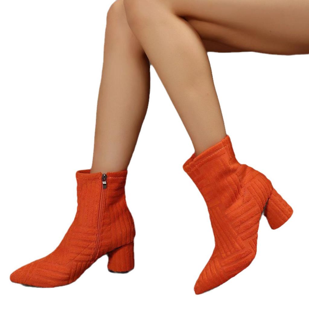 New women's pointed high-heeled short boots fashion suede thick-heeled short boots pointed thin British style towel boots