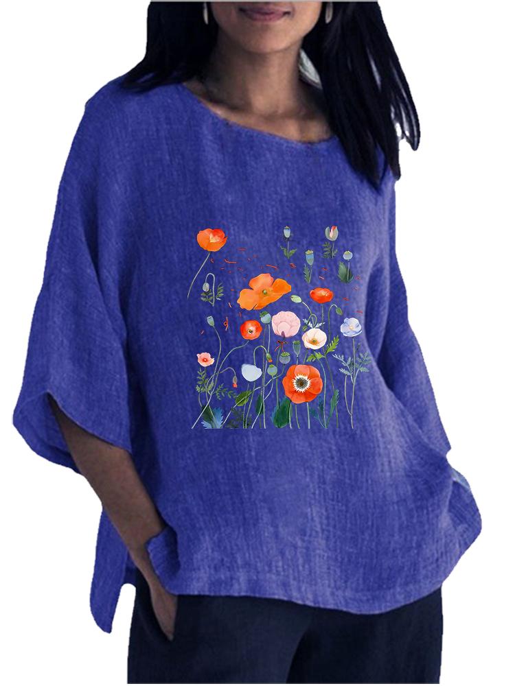 Damen Mode O-Ausschnitt Print Shirt Frühling&Sommer 3/4 Langarm Oberteil Damen Baumwolle Leinen Bluse