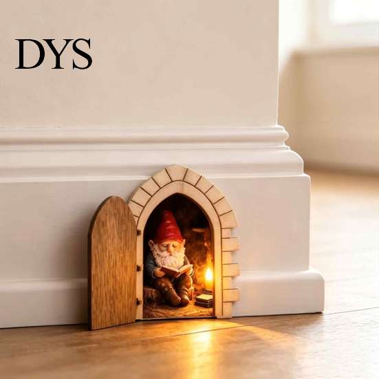 Decorative Door Frame Accents Opening Fairy with Hidden Gnome Scene, Miniature Wooden Wall Decor, Archway 2D Flat Reading Scene Hinged for Baseboard,
