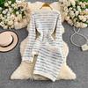Autumn Winter Women Sweet Striped Knitted Sweater Two Piece Set Single Breasted Cardigans Tops and Mini Short Sheath Skirt Suit
