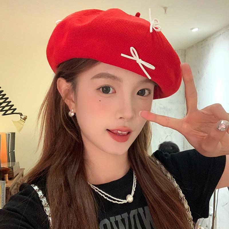 Bow Beret Red Painter Hat Uv Protection Breathable Female Lightweight Style