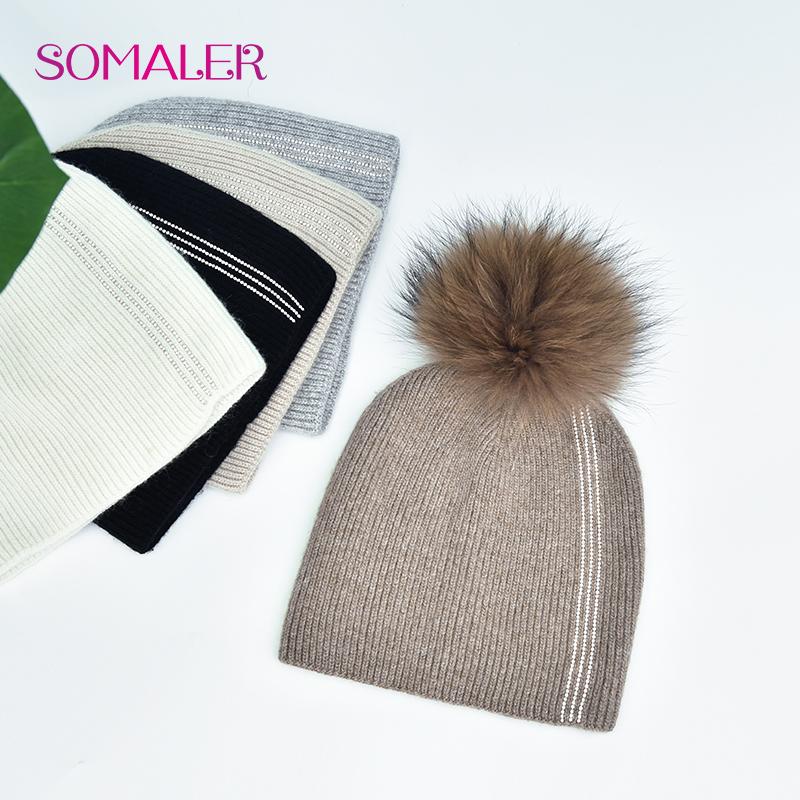 SOMALER Women Winter Fur Pom Pom Hat Wool Knit Beanie Hat With Rhinestone Warm Double Layer Luxury Fur Bobble Outdoor Cap