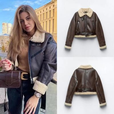 Zimní Ženy Streetwear Umělá jehněčí kožešina Krátká bunda s páskem Moto Biker Silný teplý kabát z ovčí kůže Outwe