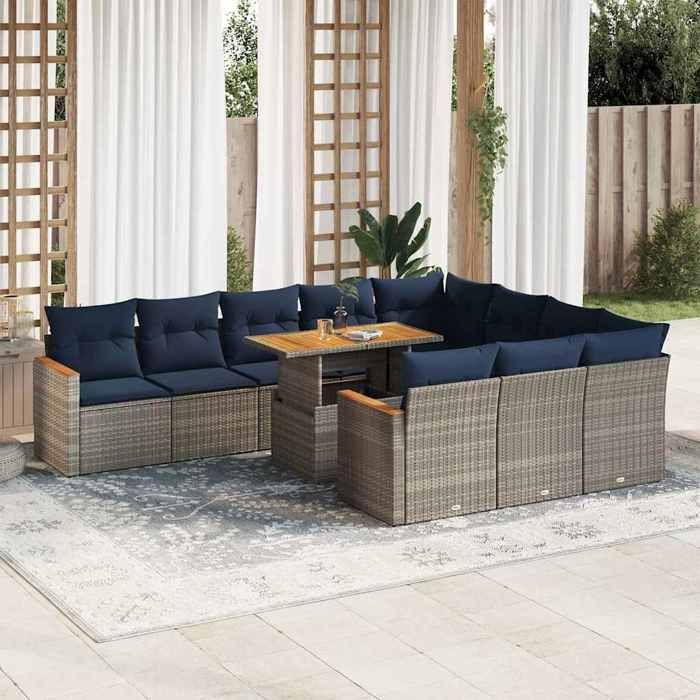 VidaXL Salon de jardin 11 pcs avec coussins gris résine tressée, ensemble de canapés d'extérieur, ensemble de canapé d'angle 3327540