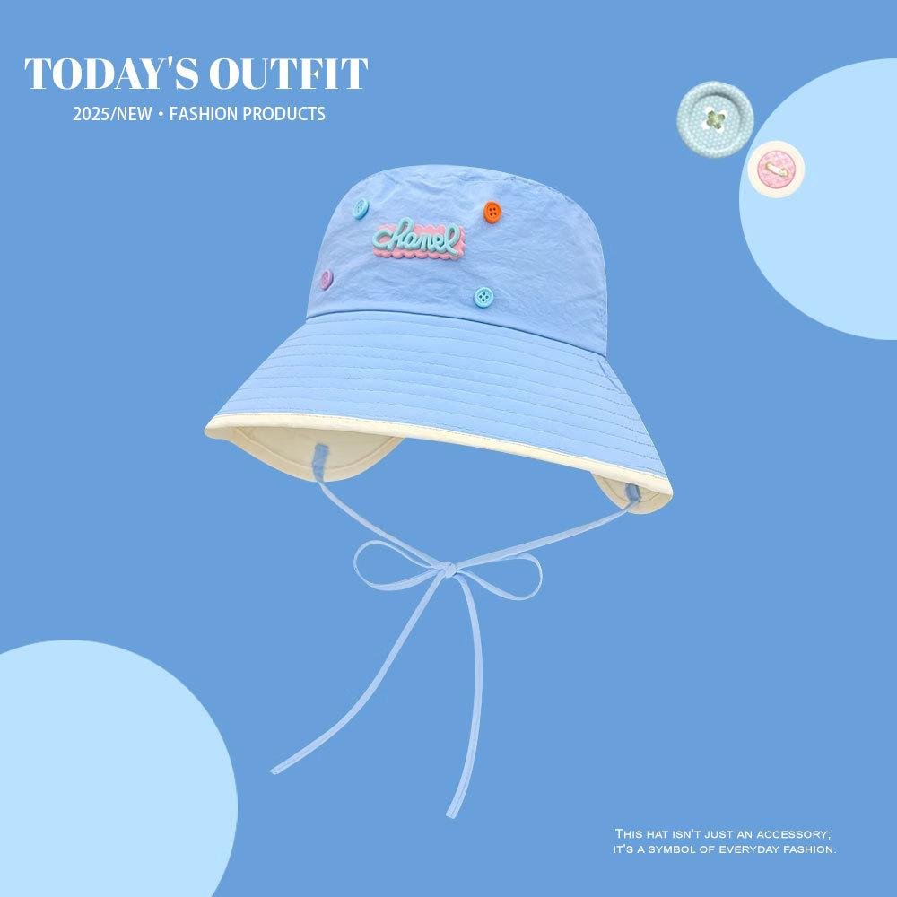 Women's Spring and Summer Travel Japanese Cute Button Quick Drying Letters Fisherman Hat Korean Face Showing Small Sun Protection Basin Hat