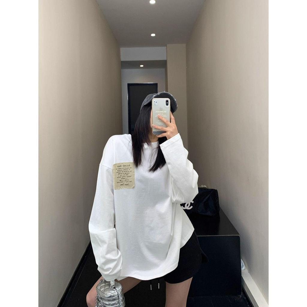 2025 New Arrival: European-Style White Long-Sleeve Women's T-Shirt, Mid-Length Loose Fit, Pure Cotton Base Layer for Autumn/Winter