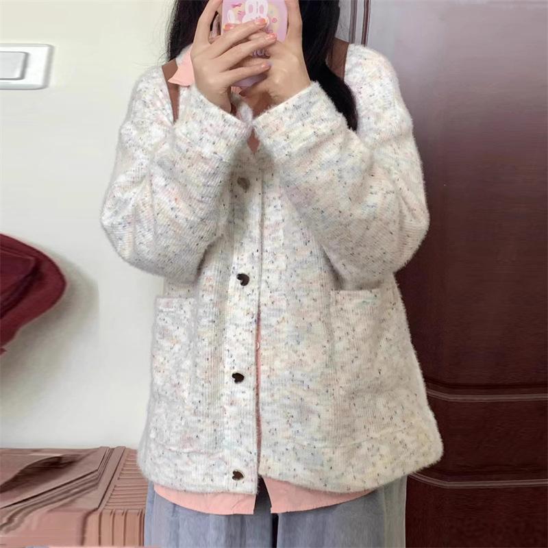 V-neck long-sleeved knitted cardigan sweater women's autumn and winter new college style loose coat top thickened