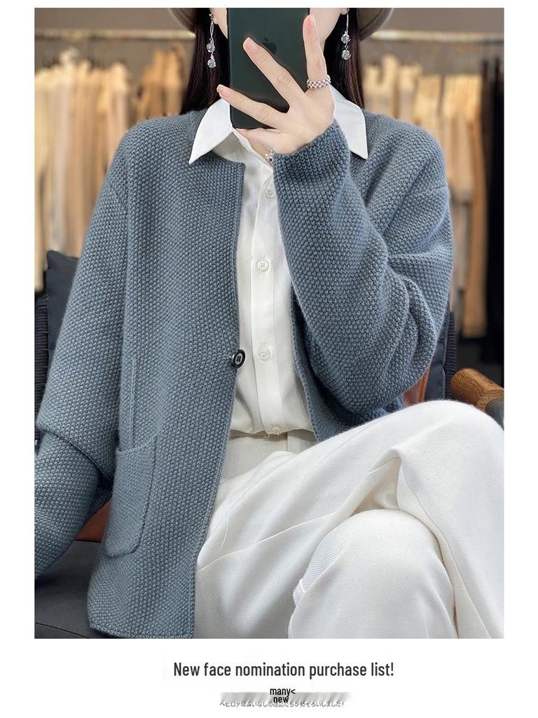 Cozy 100% Wool Knitted Stand-Up Collar Cardigan - Women's Spring & Autumn Loose Outerwear, Versatile Fashion Sweater