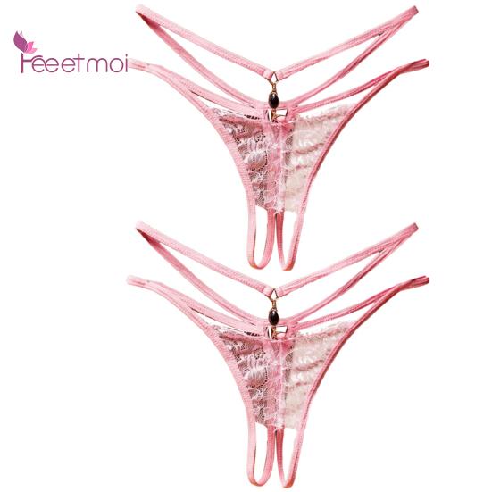 2Pcs Erotic G-String Women Lace Through Hollow Out Open Crotch See Underwear