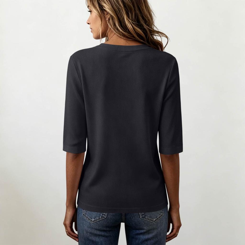 Loose Fit Ribbed Knit Top Women Half Sleeve Pullover Lightweight Summer Casual Round Neck Shirt
