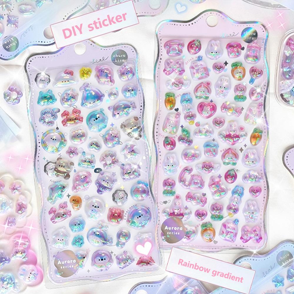 Cartoon Bowknot Animals Rainbow Gradient 3D Relief Stickers Cute Stationery Diy Scrapbooking Journal Sticker Decor Art Supplies