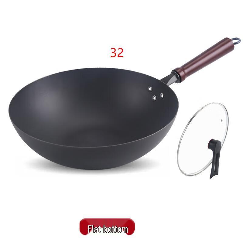 San Jiaolong 32cm Non-Coated Flat Bottom Iron Wok with Lid