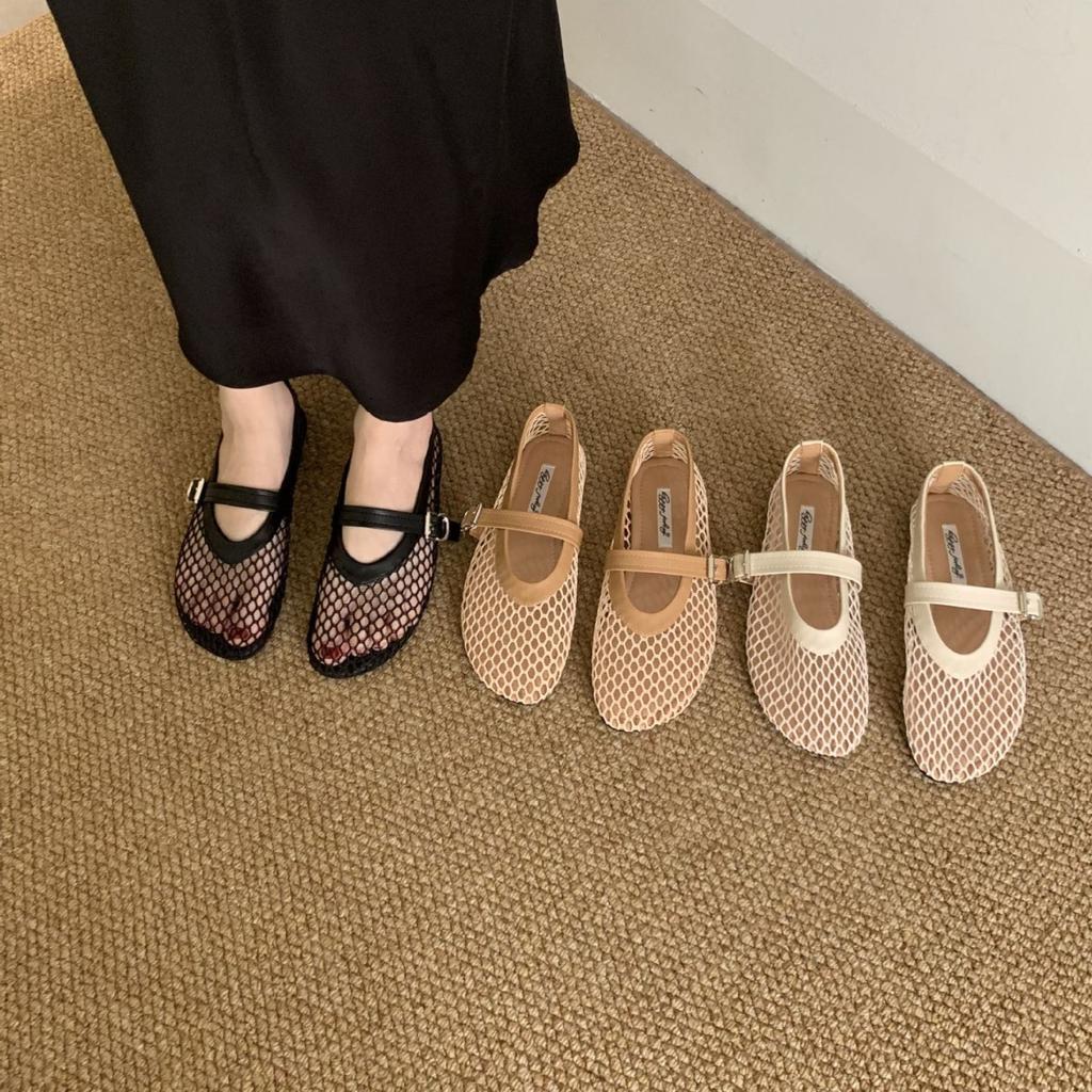 Happyfeeling One-word Buckle Strap Single Shoes Women's 2025 Summer New Flat-bottomed Hollowed-out Mary Jane Fishing Net Shoes