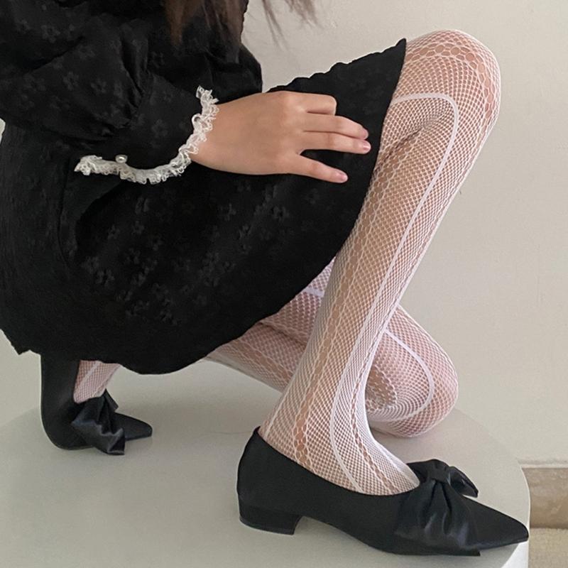 Women See Through Fishnet Mesh Pantyhose Stockings Japanese Aesthetic Hollowed Vertical Striped Pattern Tights Leggings