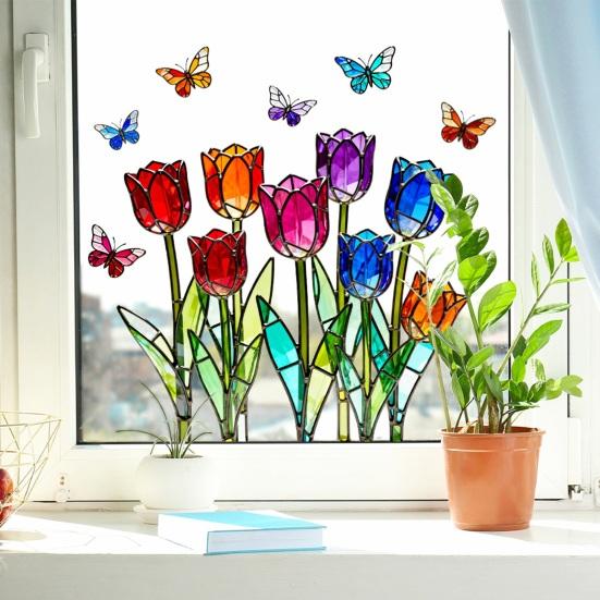 Tulip Stained Glass Window Film Decorative Tulip Bouquet Butterfly Window Cling Reusable Static Glass Sticker for Bathroom Living Room