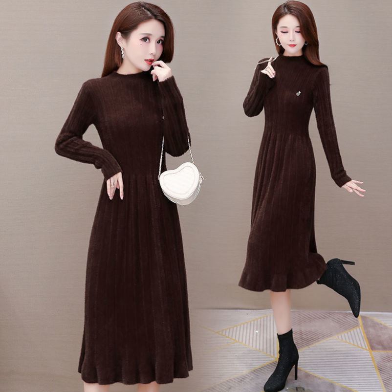 Long Knitted Dress for Women Autumn Solid-color Sweater Dress Imitating Mink Fur Cinched Waist and Trendy Solid-color Long-sleeved Knitted Sweater
