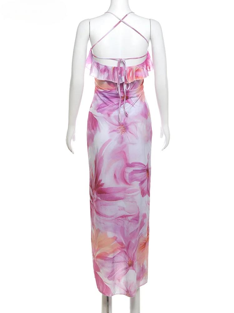 Ladies' Summer Camisole Dress Women Irregular Tassel Print Dress Casual Fashionable Long Skirt