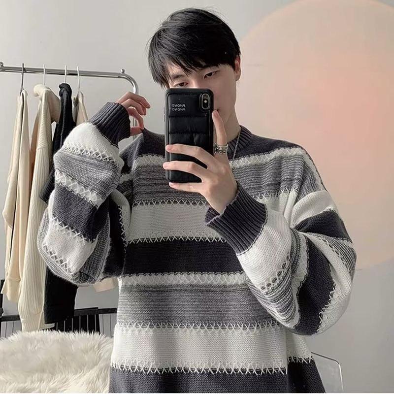 Men’s Trendy Korean Striped Knit Sweater – High-End, Versatile & Stylish