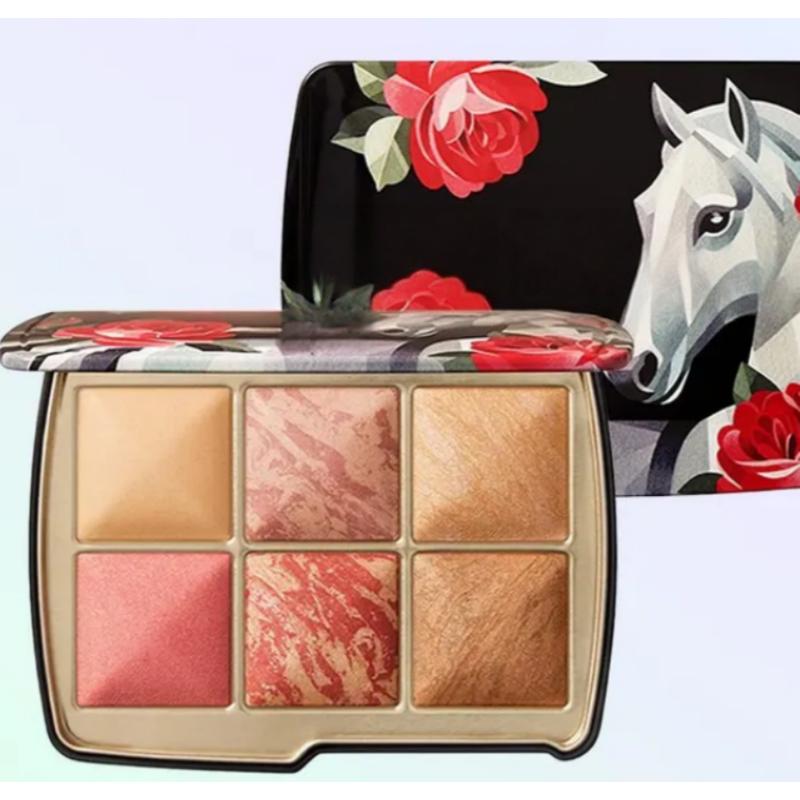 Paleta make-upu na obličej, 6 odstínů, tvářenka, rozjasňovač, kontura, multifunkční make-up talířek s vestavěným zrcátkem black