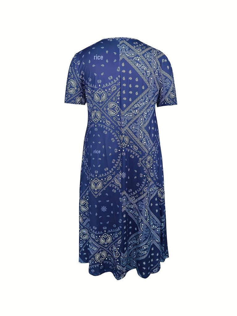 Europäisches & Amerikanisches Sommer Retro Print Mittelhoher Taillenlanger Kleid - Kurzarm, Rundhalsausschnitt, Bequemer Lässiger Stil Pullover
