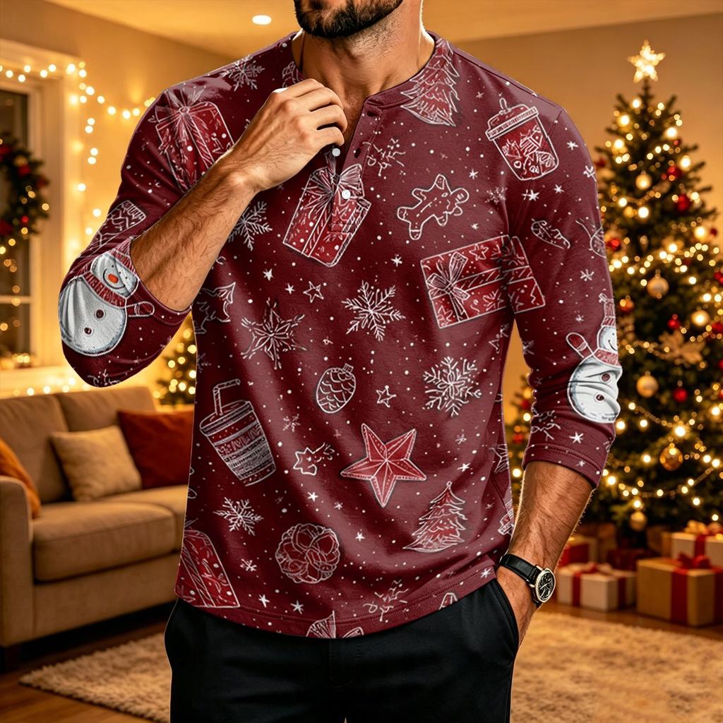 Men's Christmas Long Sleeve Shirt with Printed Design