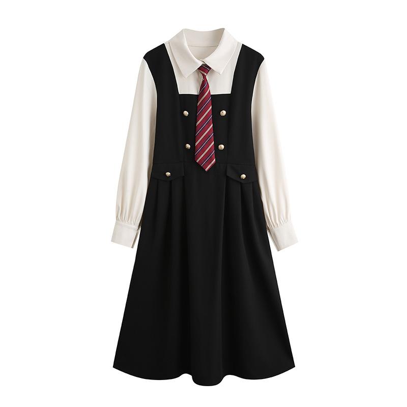 Autumn and winter leave two-piece splicing waist long-sleeved dress teaching interview skirt