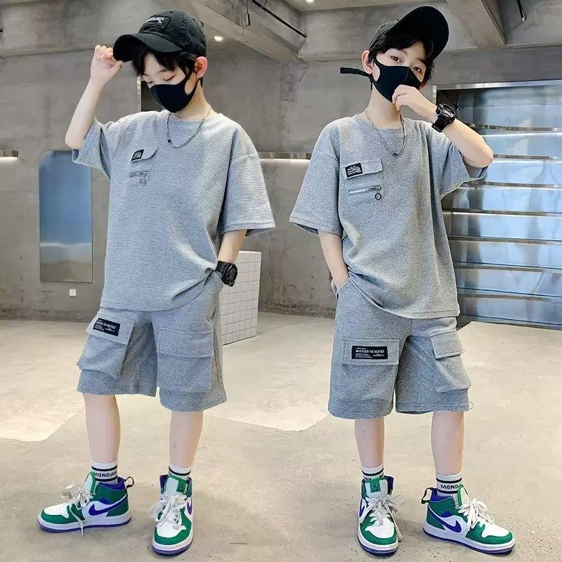 

Summer Teenager Boys Clothes Casual Solid Thin Kids Tracksuit Children Set Black T Shirt + Short Pant Pocket 170 сірий
