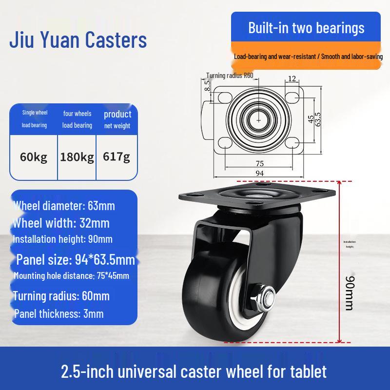 Black Heavy-Duty Swivel Casters with Brakes for Furniture, Cabinets & Industrial Use, Double Bearing Wheels