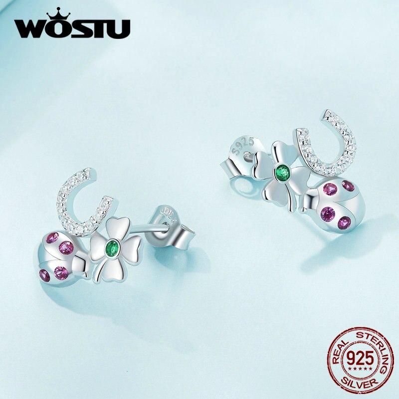 WOSTU 925 Srebro Sterling Wielokolorowe Lucky Four Clover Biedronka Kolczyki Sztyfty Dla Kobiet Piękne Klipsy Do Uszu Biżuteria Prezent Urodzinowy