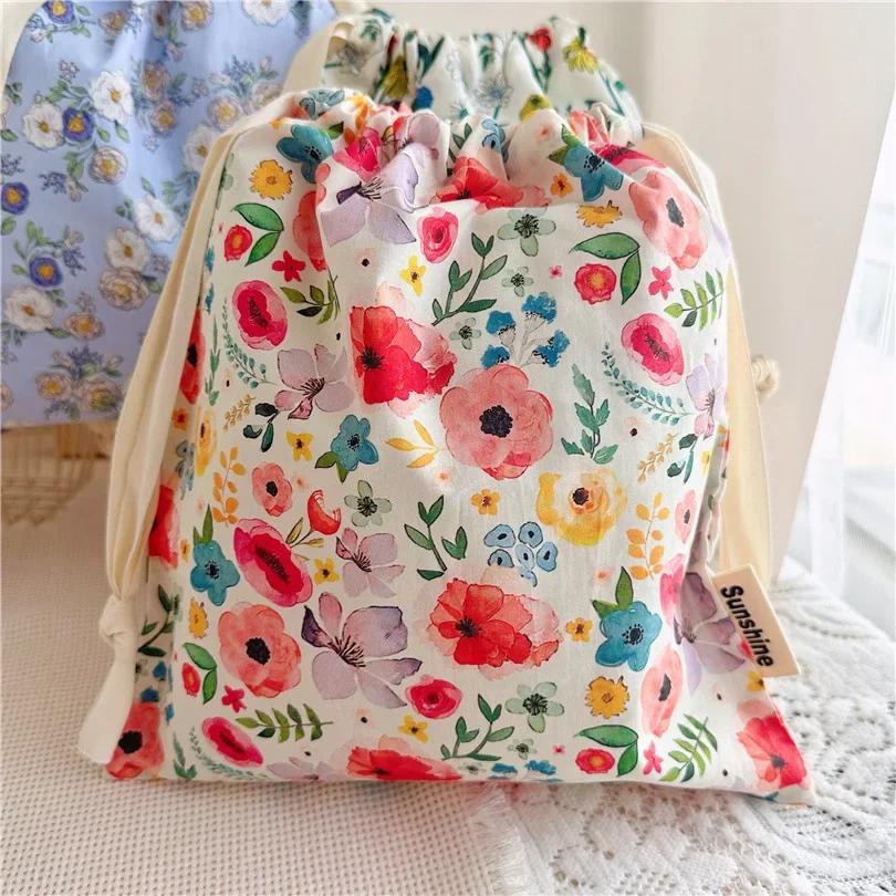 Portable Organizer for Underwear Socks Bra Cotton Makeup Bag Travel Drawstring Bags Ins Flower Print Clothes Cosmetic Bags