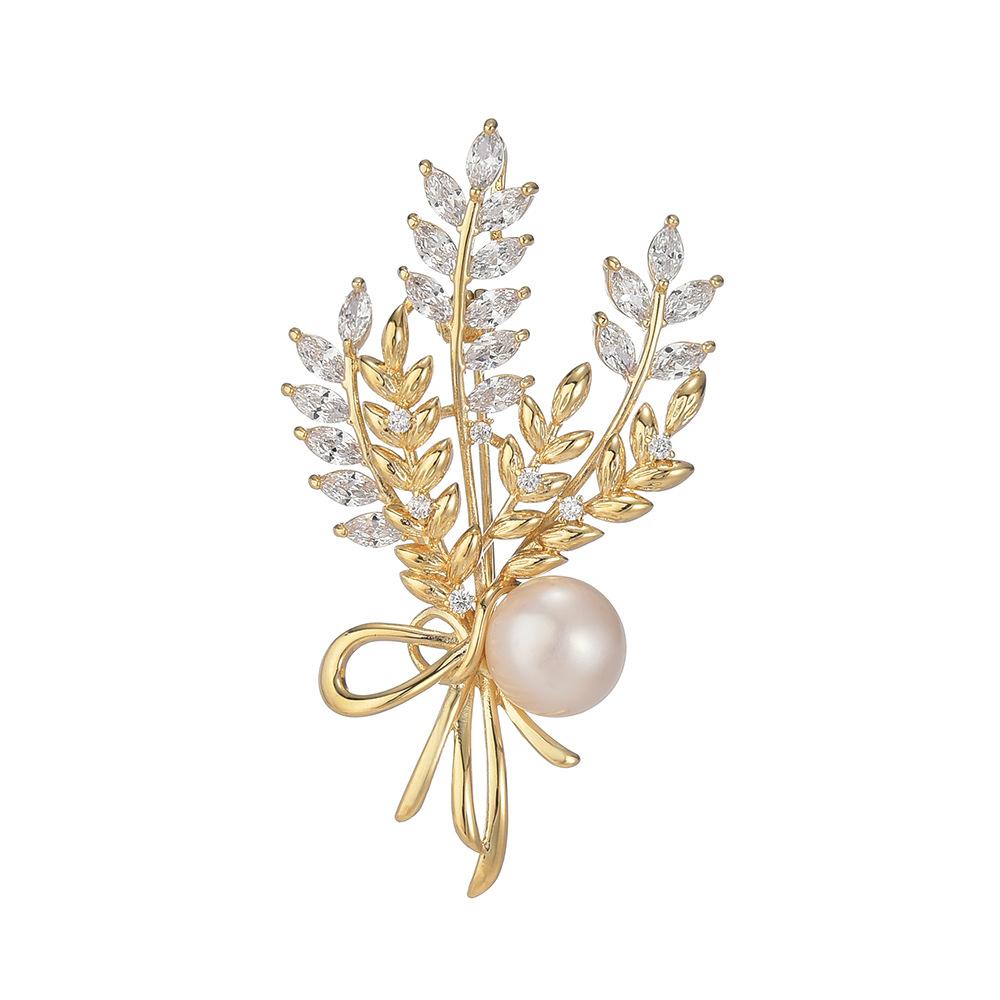 Classic Harvest Rice Ear Zircon Corsage Freshwater Pearl Brooch Light Luxury Fashion Coat Accessories
