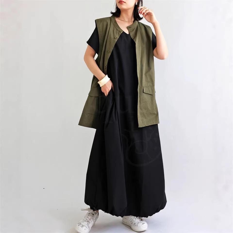 2026 Summer V-neck Sleeveless Flutter-Sleeve Knee-Length Dress for Women One Size чёрный