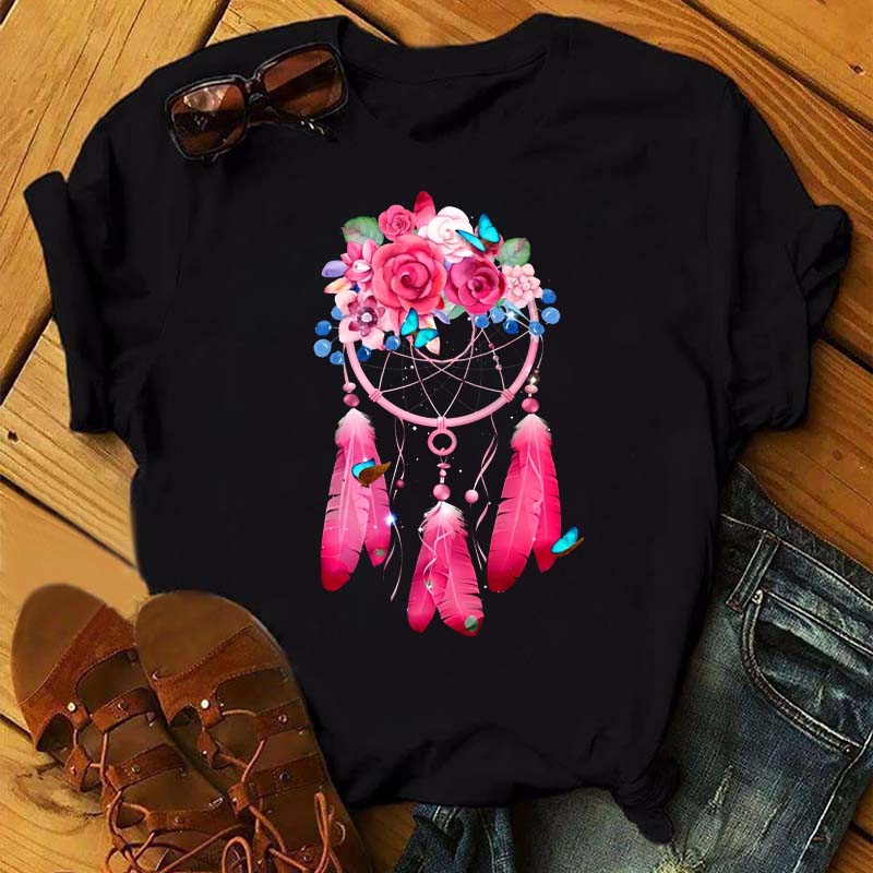 Fashion Feather Dreamcatcher T Shirt Women Harajuku Graphic Tees Shirt Femme Dream Catcher Women's T-shirt Clothes Tops