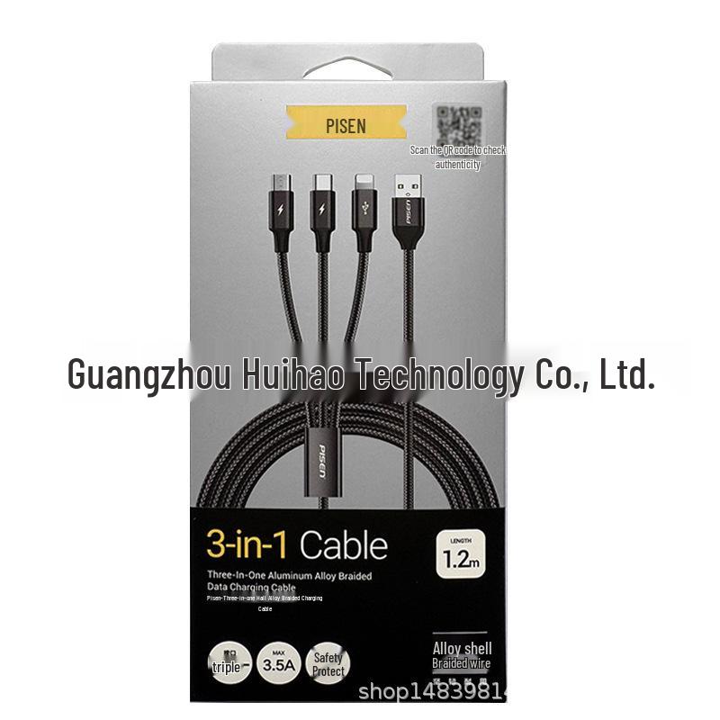 PISEN Aluminum Alloy 3-in-1 Braided Data Cable for Apple, Android, Type-C Devices
