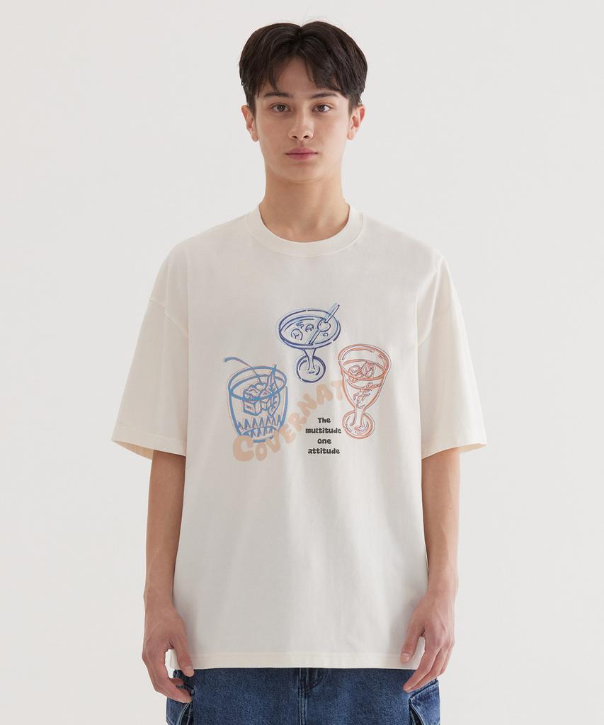 COVERNAT Cool Cotton Kitsch Cocktail Graphic T-Shirt Ivory