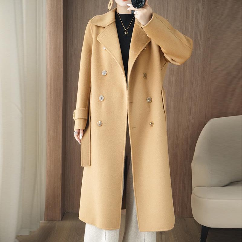 2025 A/W Women's Slimming Double-Faced Cashmere Coat - Korean Style Double-Breasted Wool Overcoat with Suit Collar