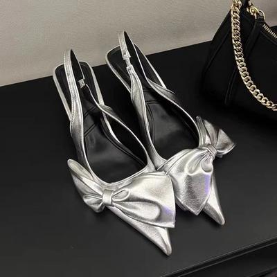 Elegant Silver Side Bowknot Slingback Sandals Woman Chic Point Toe Kitten Heel Stiletto Pumps Ladies Eveing Party Dress Shoes