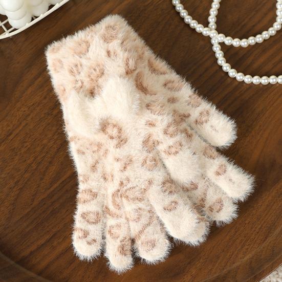 1 Pair Knitted Gloves Leopard Print Plush Warm Winter Gloves with Tie-Dye Color Bow Decoration Touchscreen Gloves