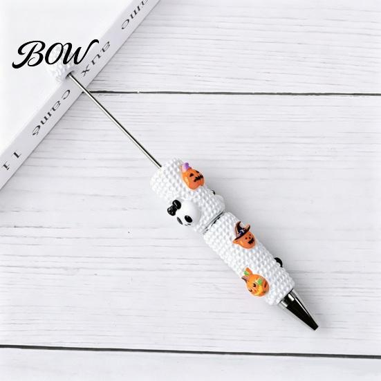 Smooth Writing Beaded Pens Halloween Rhinestone Beadable Pen, DIY Sparkly Cat Pumpkin Ghost Plastic Handmade Gift Glitter Black Ink Ballpoint Pen for